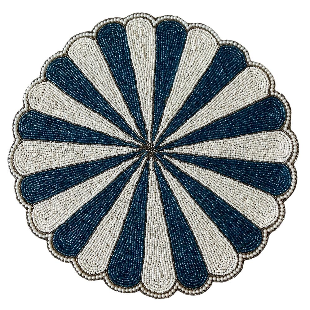 TIRAMISU Hand Glass Beaded Placemat Charger Round Scalloped Edge Blue Cream NEW